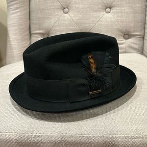 Men’s Stetson black felt Fedora hat with ribbon and feather detail